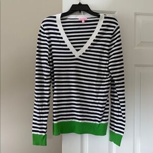 Lilly Pulitzer Navy and White Striped V-Neck Sweater with Green Trim